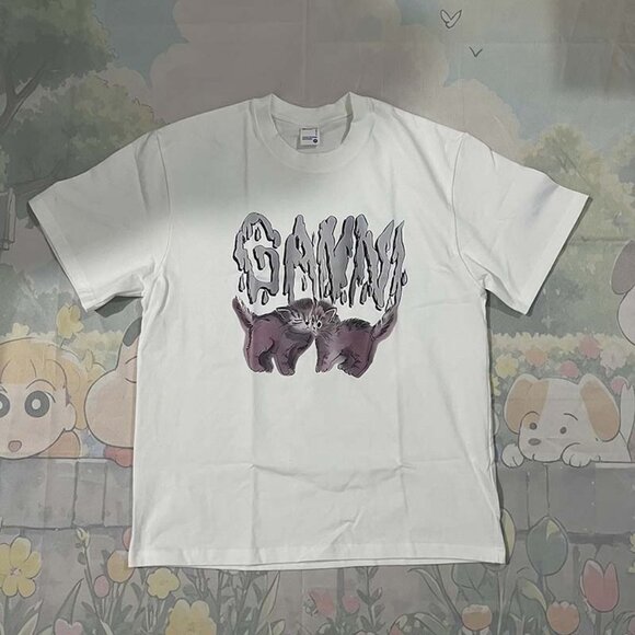 Ganni Purple Kitten White Round Neck Short Sleeves - Picture 1 of 5